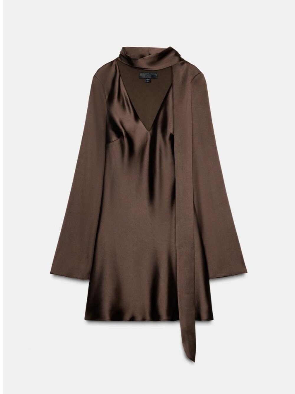 ZARA Satin Scarf Mini Dress VNeck Long Sleeve | Chocolate Brown | NWT | XS,S,M,L - Picture 6 of 15